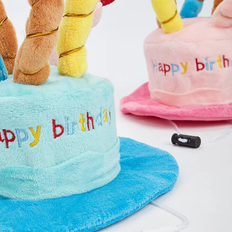 Blue plastic birthday party hat for a small to medium sized dog