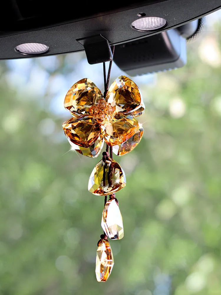 Crystal four leaf grass car pendant hanging, approximately 20cm long, in champagne colour option