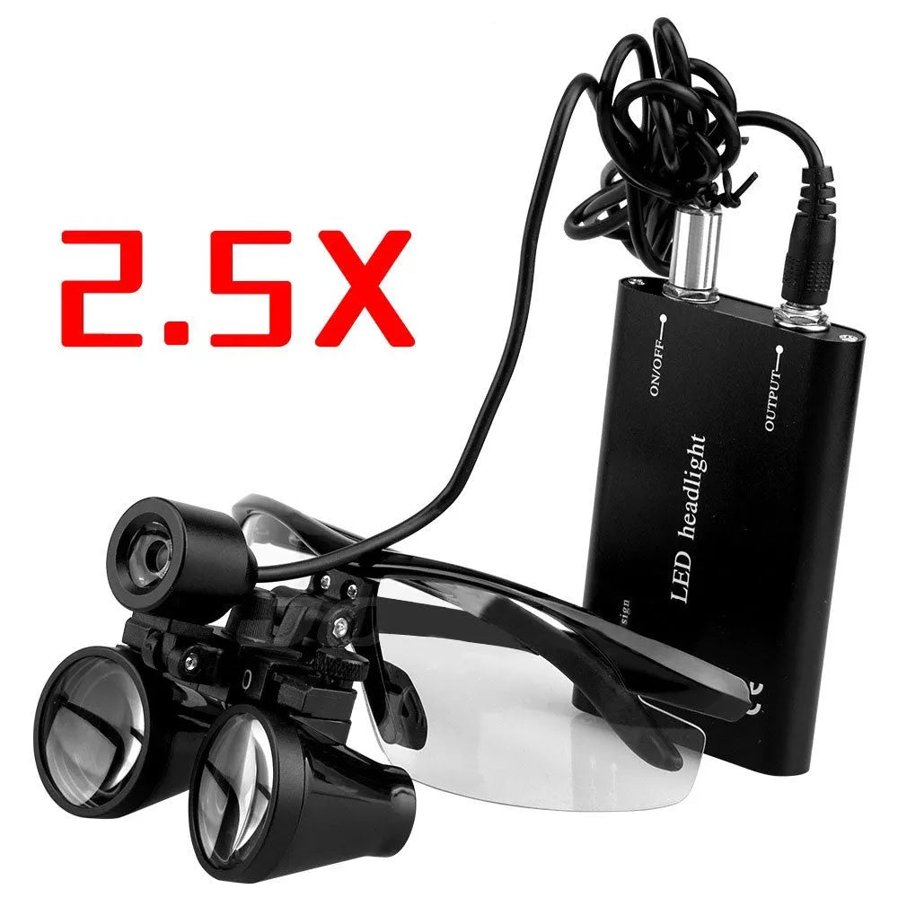 Black head-mounted magnifying glasses with LED headlight for dental inspection work
