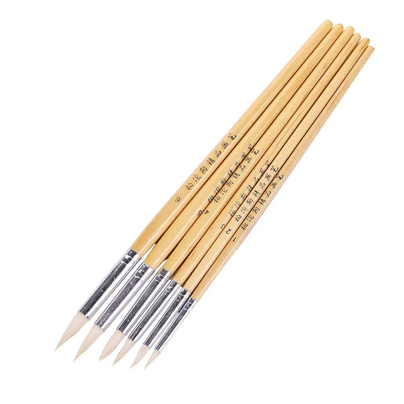 Six wooden hook line pen brushes with pointed tips for calligraphy and detailed artwork