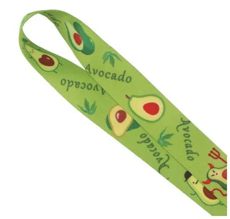 Avocado and fruit cartoon design on a double-sided white polyester phone lanyard with a black plastic buckle.