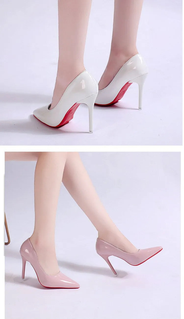 Women's solid colour pointed-toe pumps with a stiletto heel and shallow-mouth design.