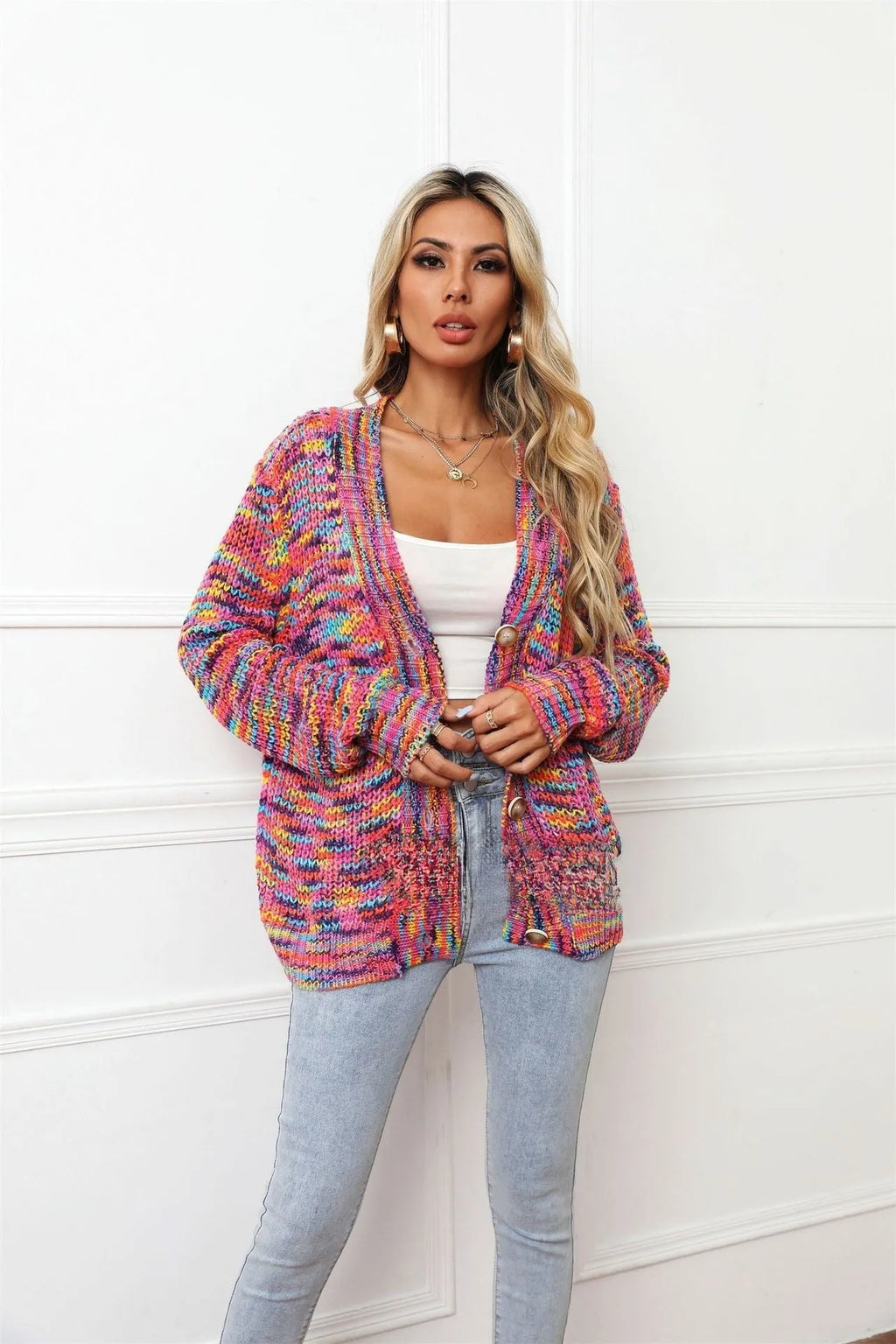 Rose red rainbow mixed colour festival dyed short cardigan knitted coat with loose street fashion styling