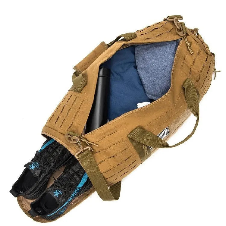 Men's khaki waterproof sports travel bag with air pillow shoulder strap showing 56cm height