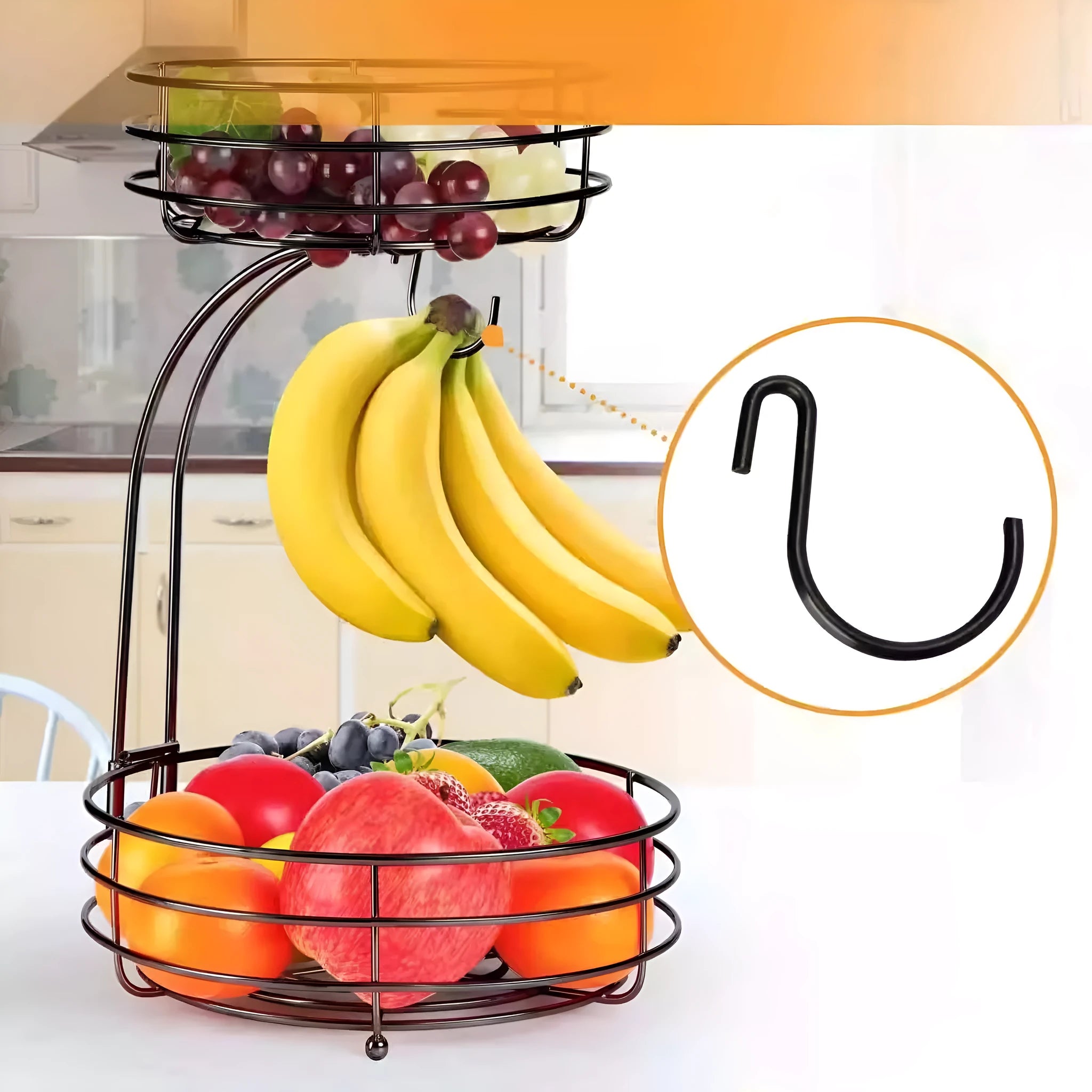 Double-layer black wrought iron fruit basket for restaurant snack storage