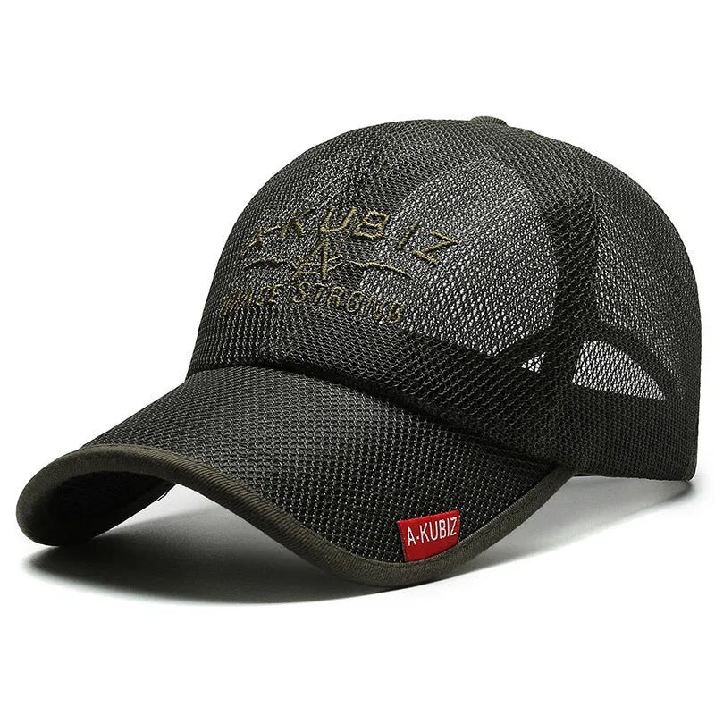 Men's adjustable mesh baseball cap in army green colour showing dome crown style.