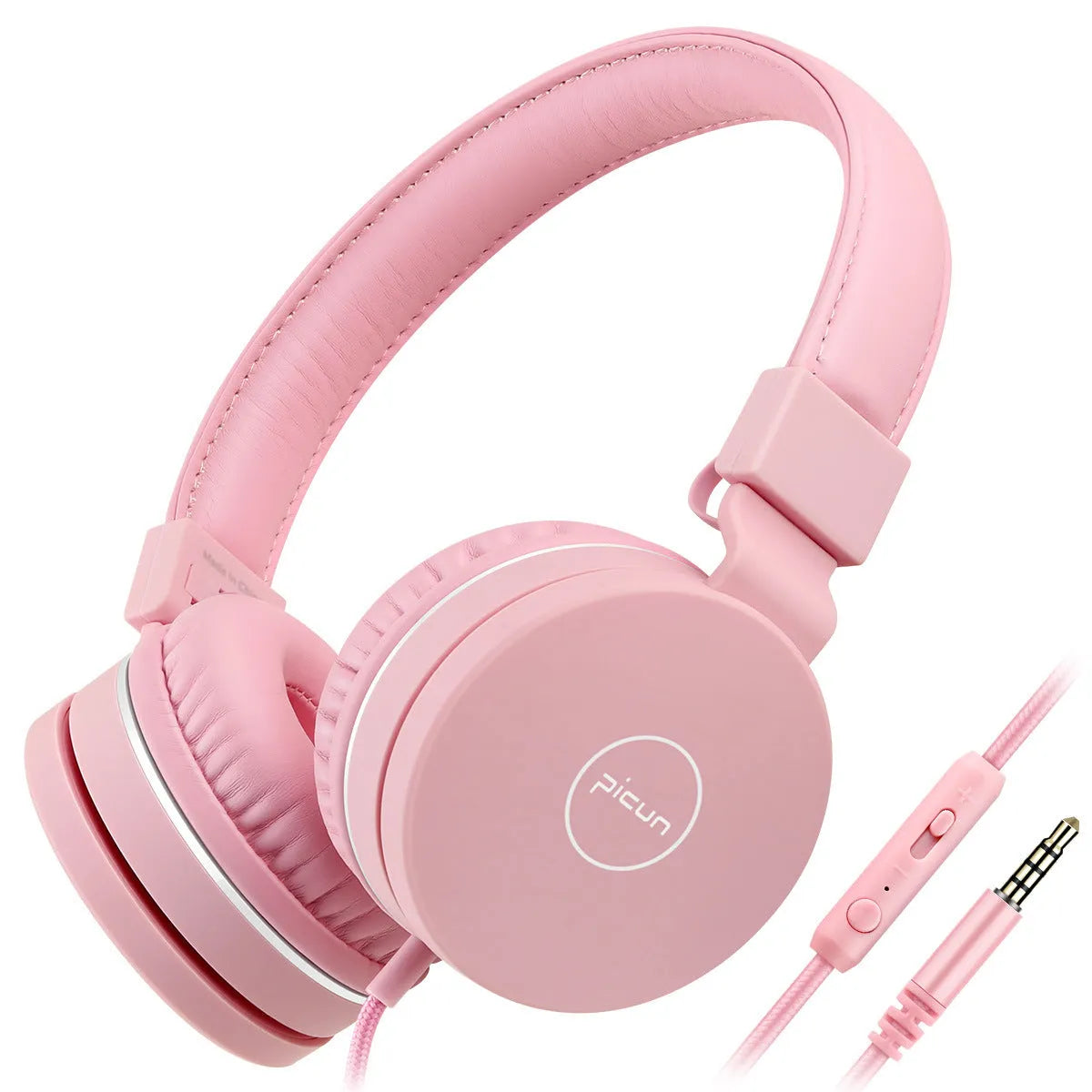 BENGOO wired over-ear headset with microphone in mint green, showing 3.5mm plug and soft braid cable.