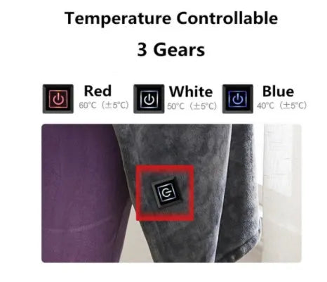 Dark grey USB-powered coral fleece electric heated blanket showing control button and cable.