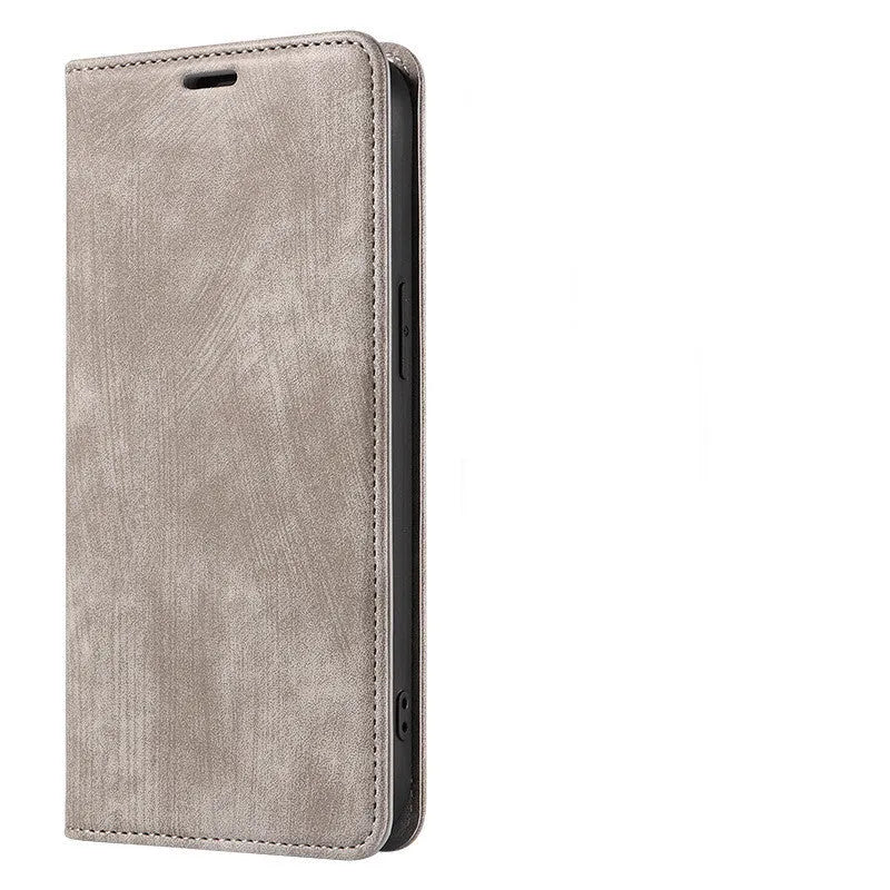 Magnetic flip phone case in grey colour made of TPU and leather for iPhone.