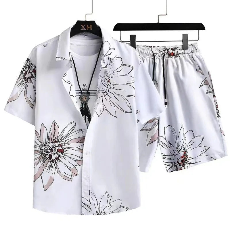 Men's casual digital print shorts suit with matching shirt, shown in colour Suit 52.