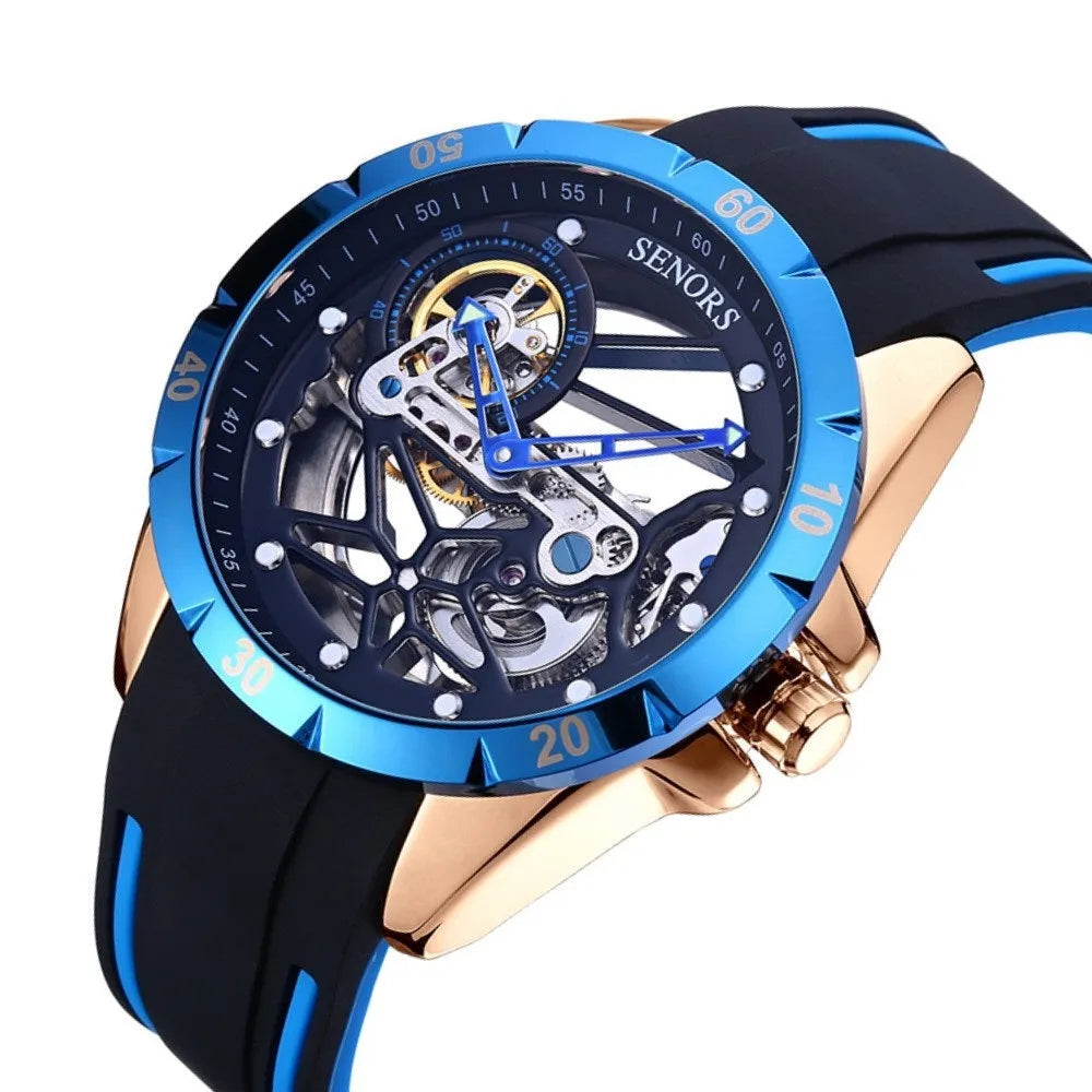 Men's automatic hollow watch with business styling in rose golden blue colour