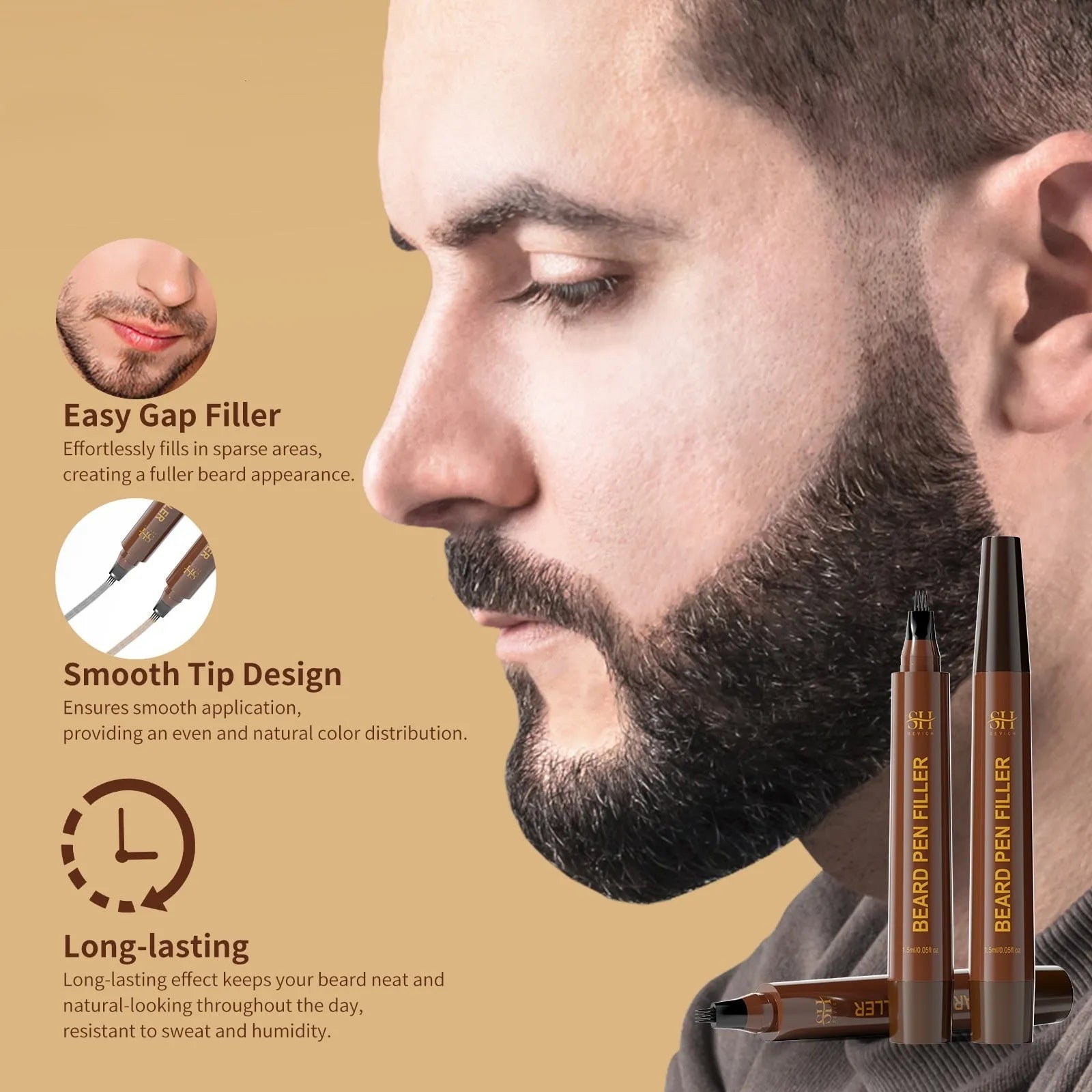 Men's sweatproof beard and hairline filler pencil with eyebrow pencil in black or dark brown