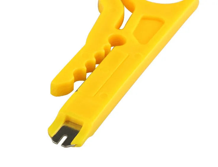 Yellow portable wire stripper tool for 0.6 mm cables with integrated metal cutter.