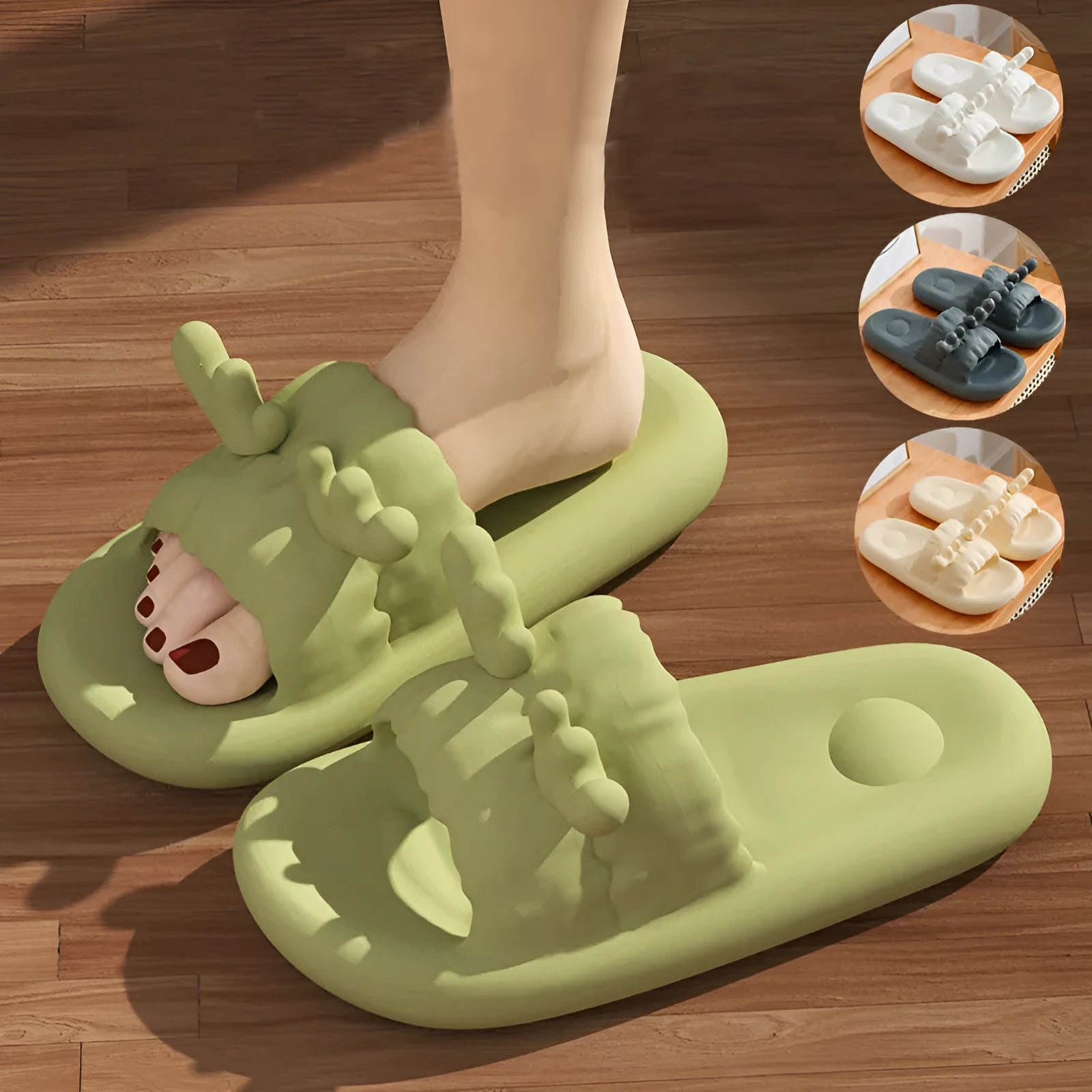 Deer horn design EVA flip flop slippers in light yellow on a white background.