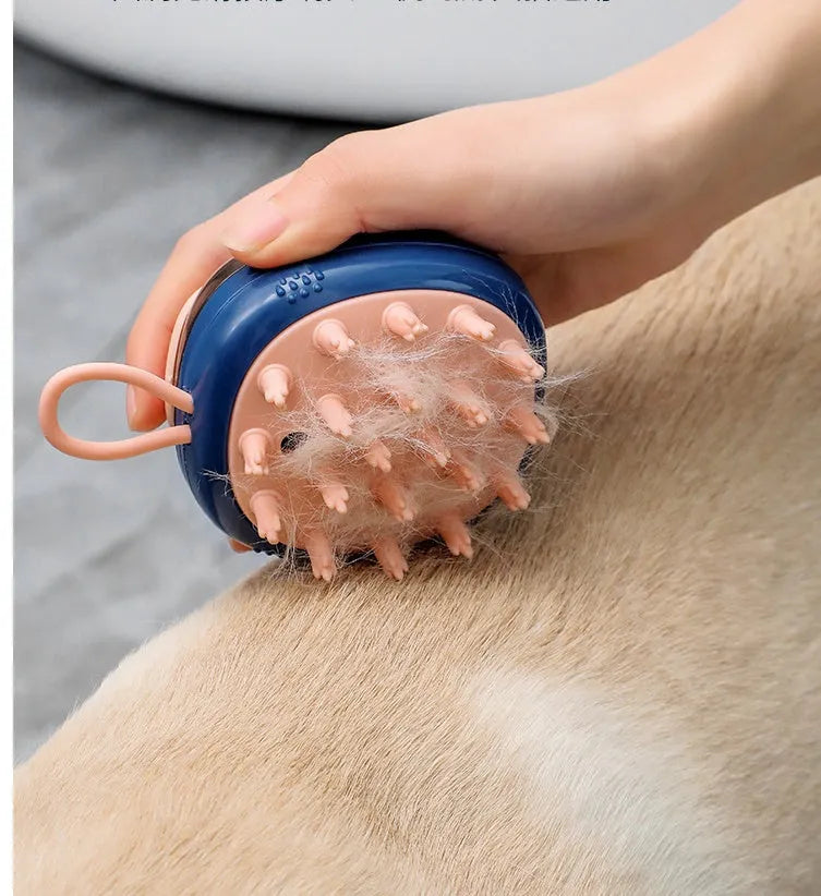 Blue and green pet grooming brush with shampoo dispenser for dogs and cats.