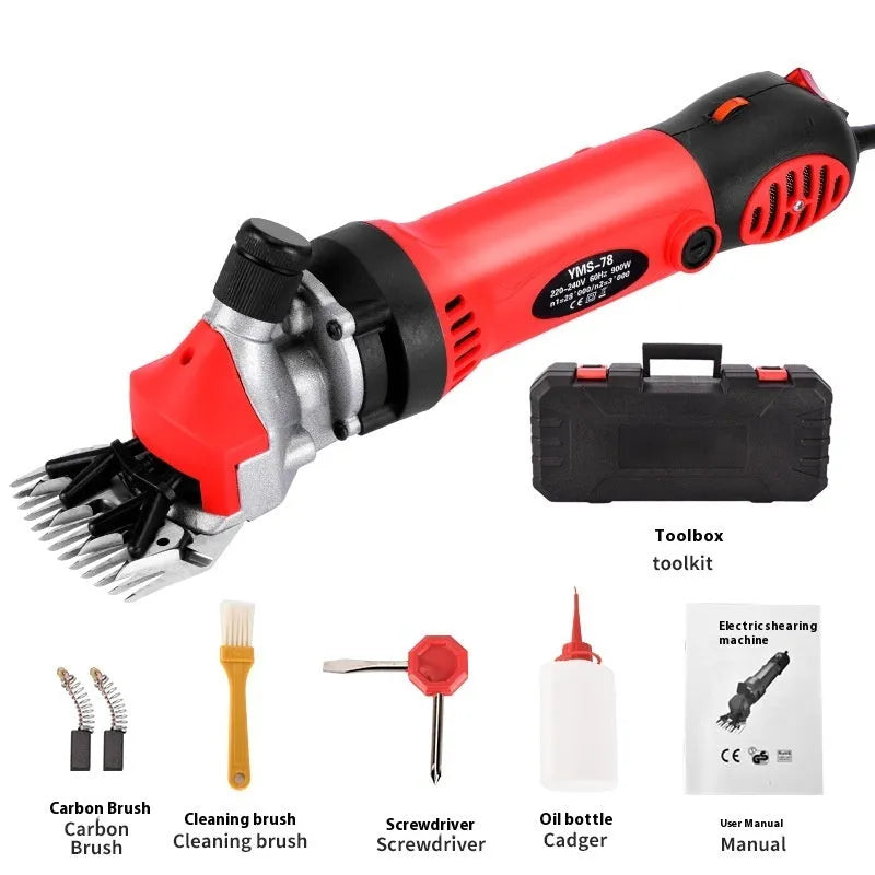 Yellow electric wool shearing machine with 13-tooth cutter and accessories kit for 110V outlet.