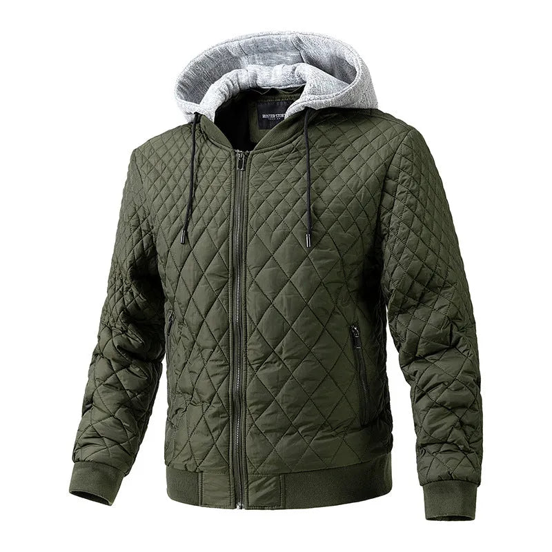 Men's casual quilted jacket with removable hood, long sleeves, straight hem, regular length, in army green colour