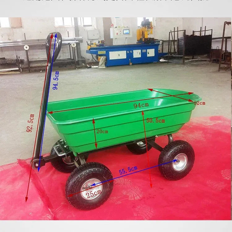 Green four-wheel plastic agricultural dumptruck with steel PP construction and 350kg load capacity