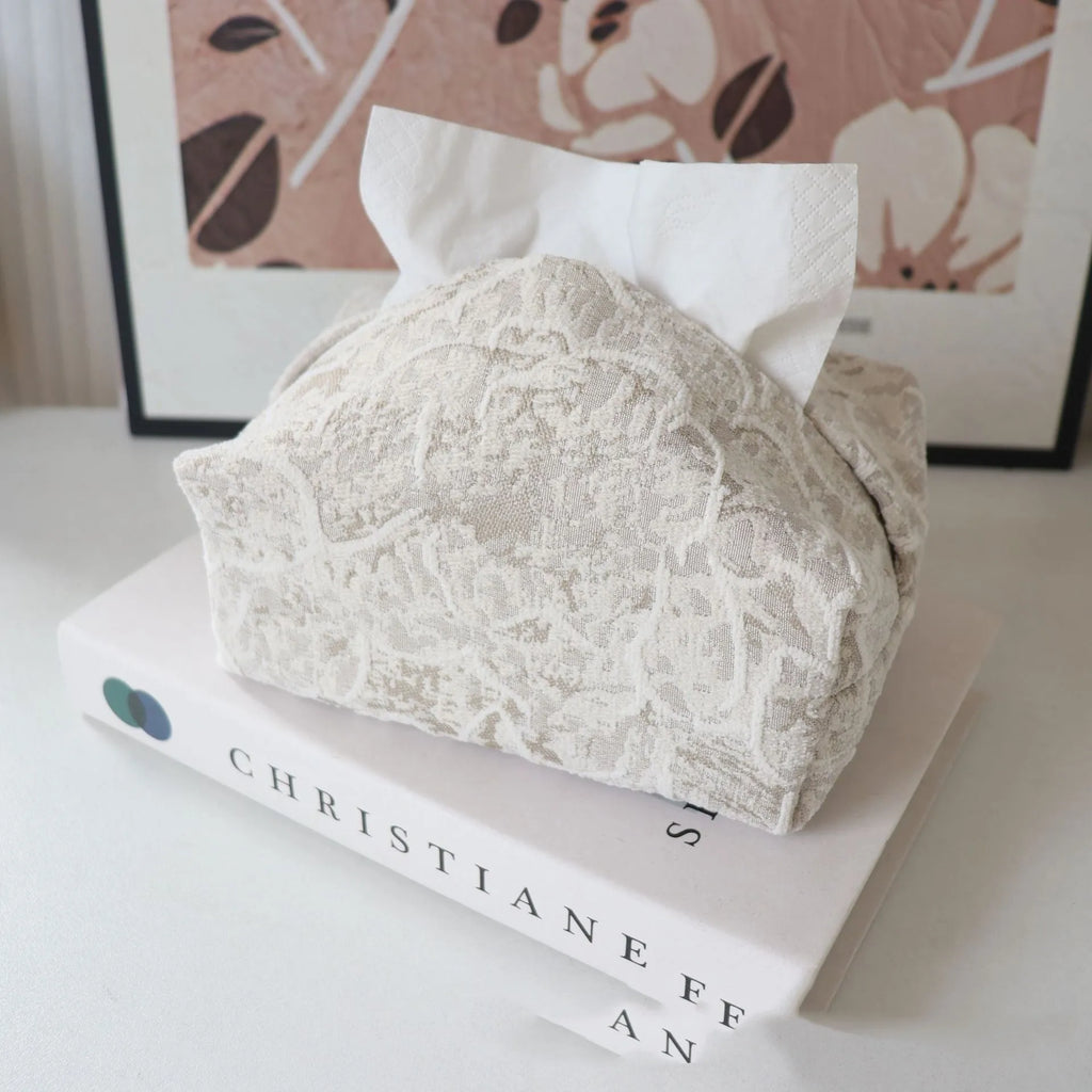 Chinese pastoral style cotton fabric tissue box cover in floral design on a table