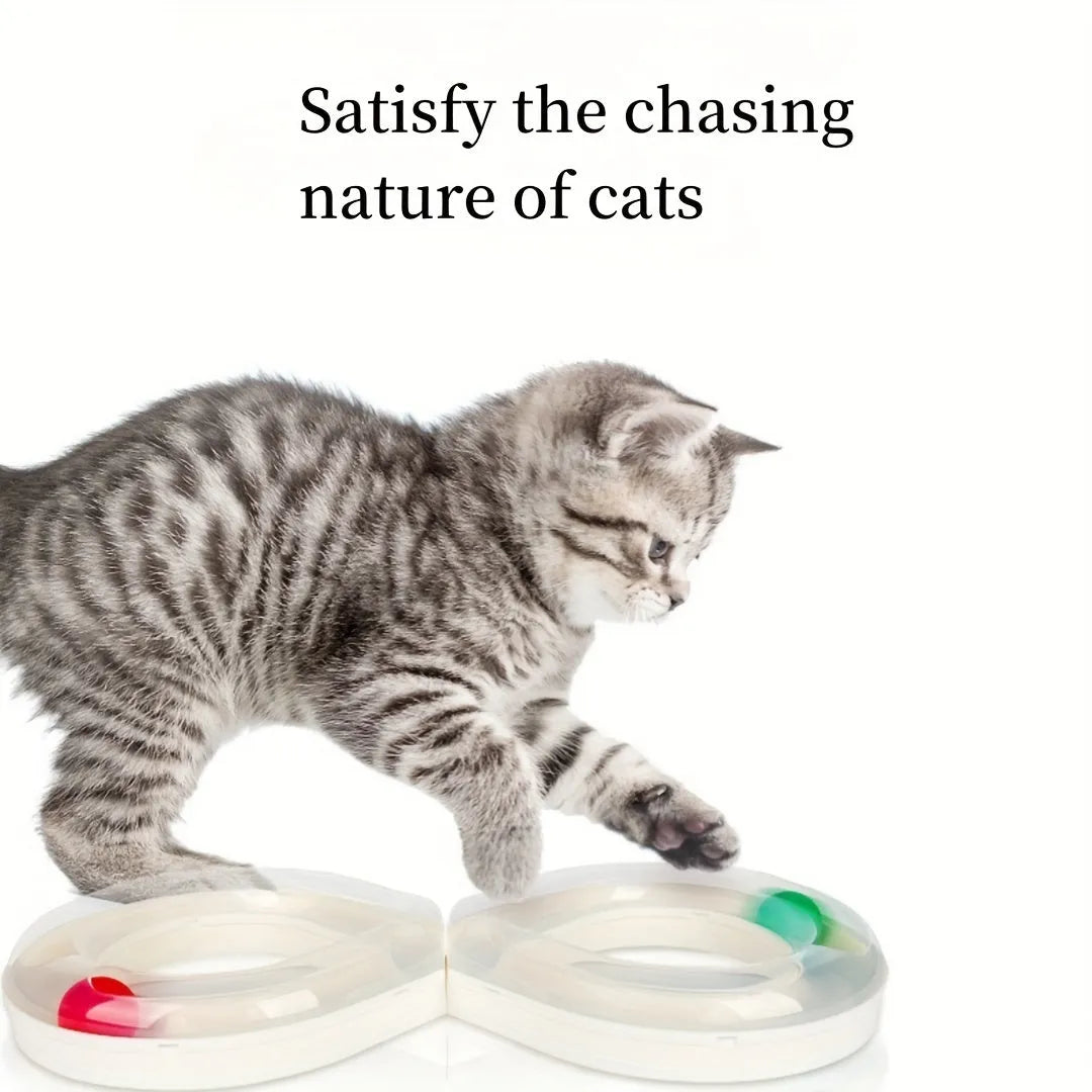 Blue and white cat activity centre with spinning track, ball, and teaser stick