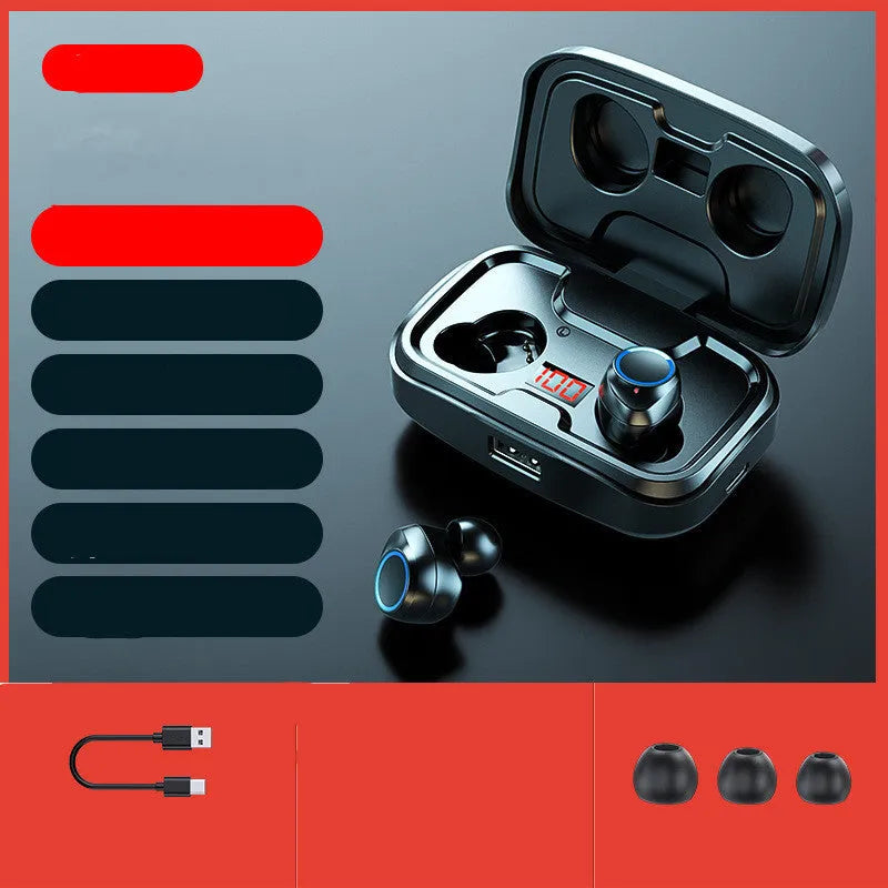 Black, blue, and red wireless in-ear earphones with Bluetooth 5.0 shown on a white background.