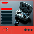 Black, blue, and red wireless in-ear earphones with Bluetooth 5.0 shown on a white background.