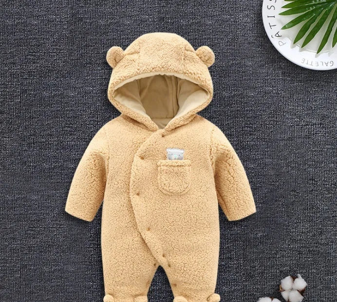 Cotton baby jumpsuit romper in marrón, pink, or white colours with long sleeves and footed/footless options
