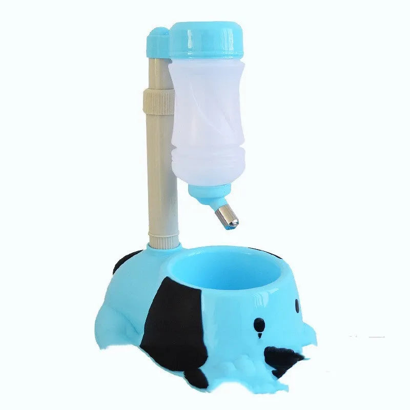 Adjustable pet drinking bowl with rod lift mechanism in blue colour showing height adjustment