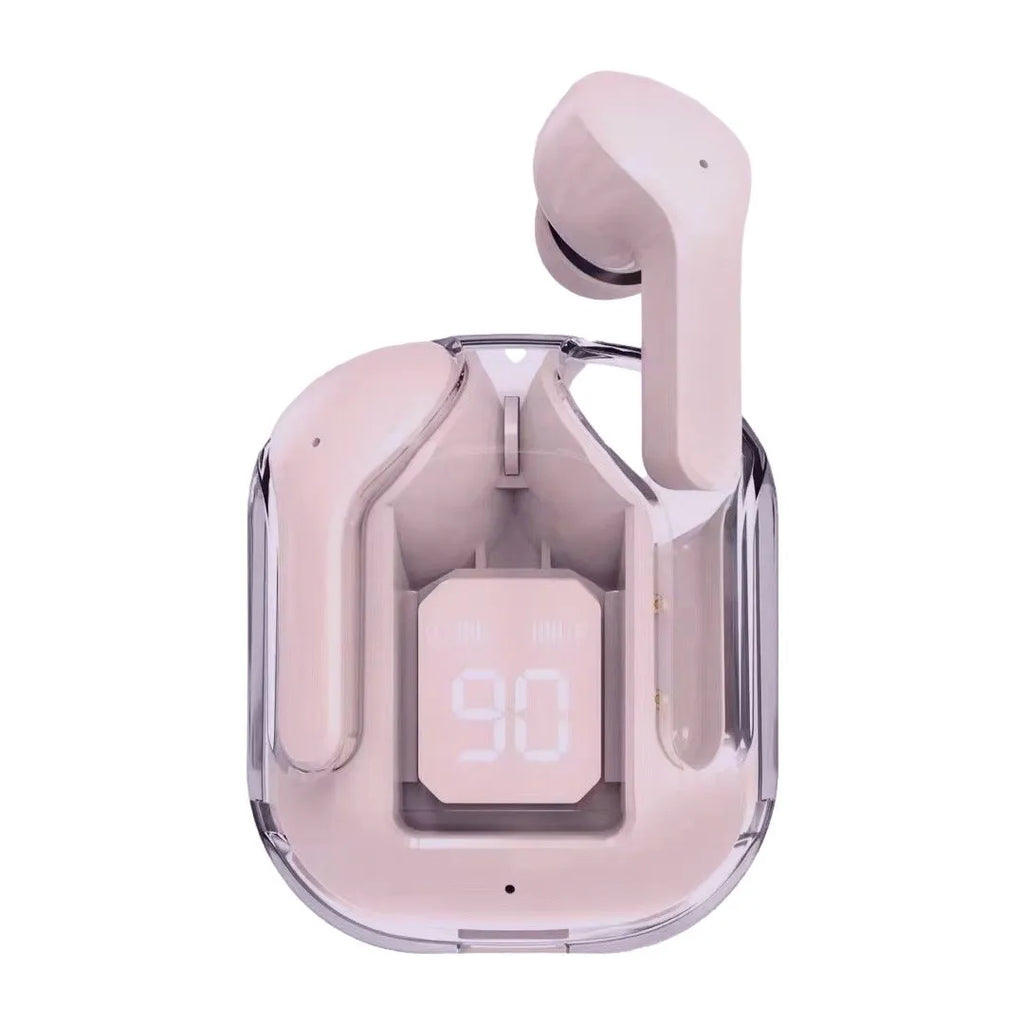 Transparent space capsule case containing white Bluetooth earbuds with a digital battery display.