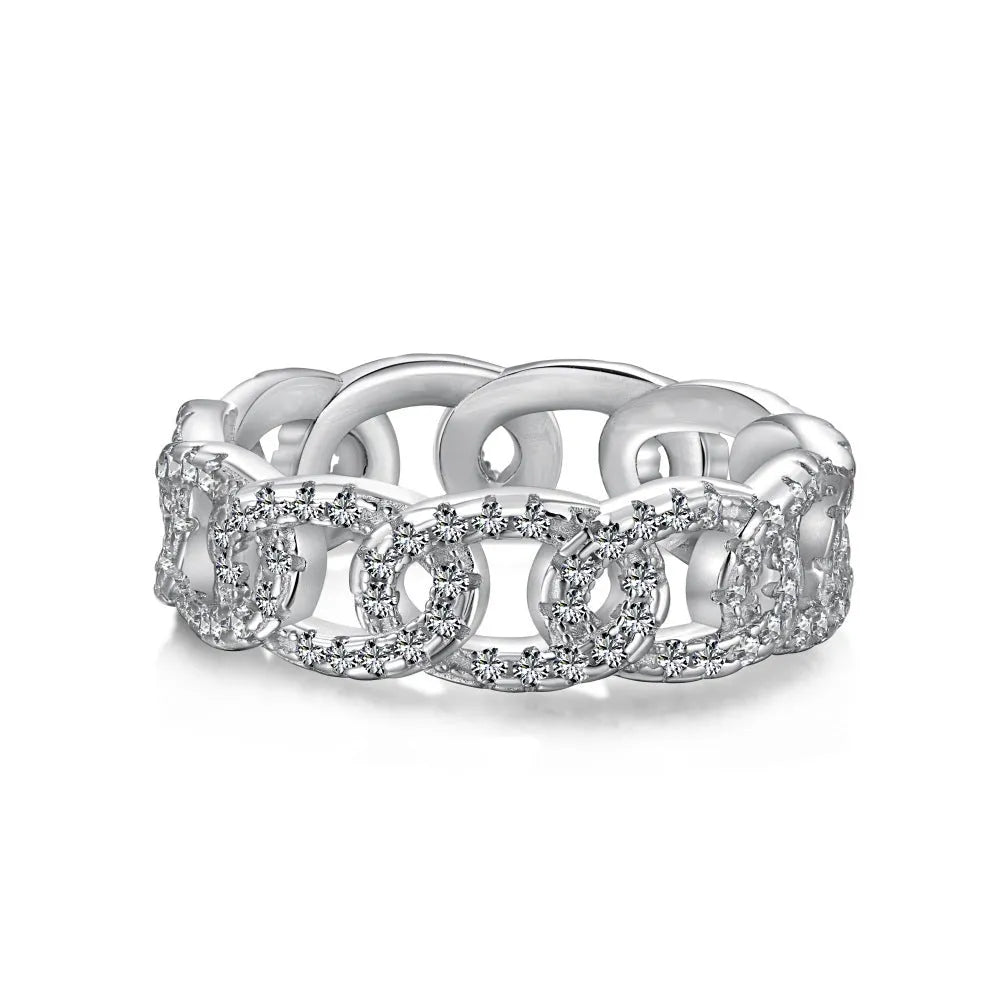 Silver punk chain ring for women with electroplated finish on white background