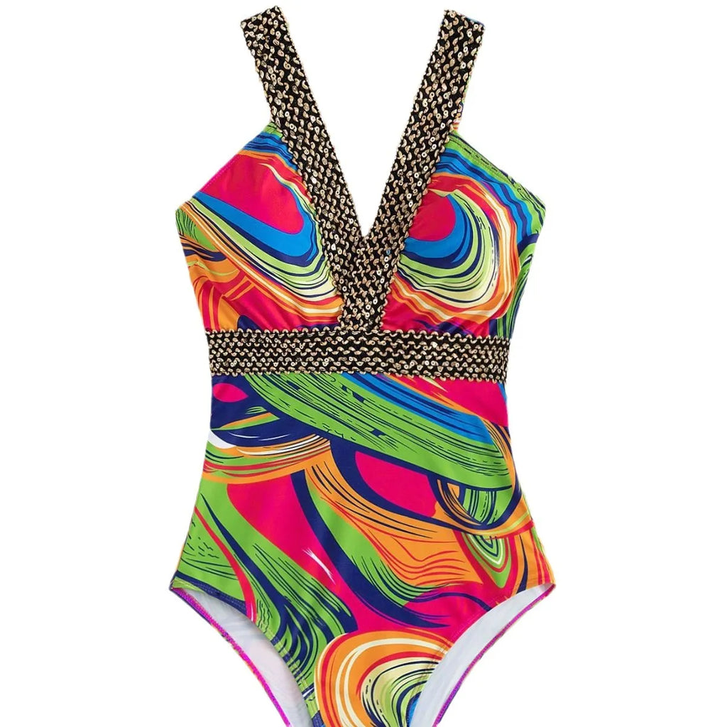 Women's printed deep V neck one-piece swimsuit with spaghetti straps in multiple colour options