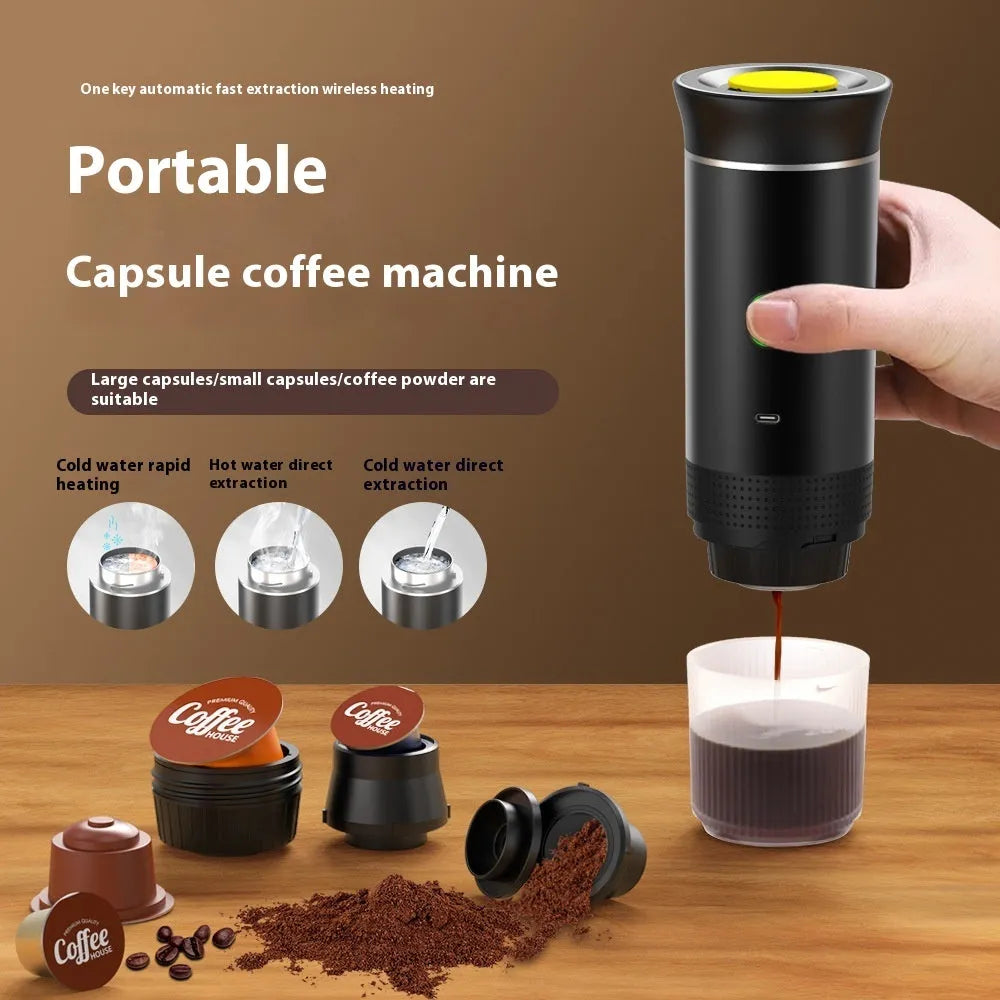 White portable espresso machine with grinder, showing capsule compartment and USB charging cable
