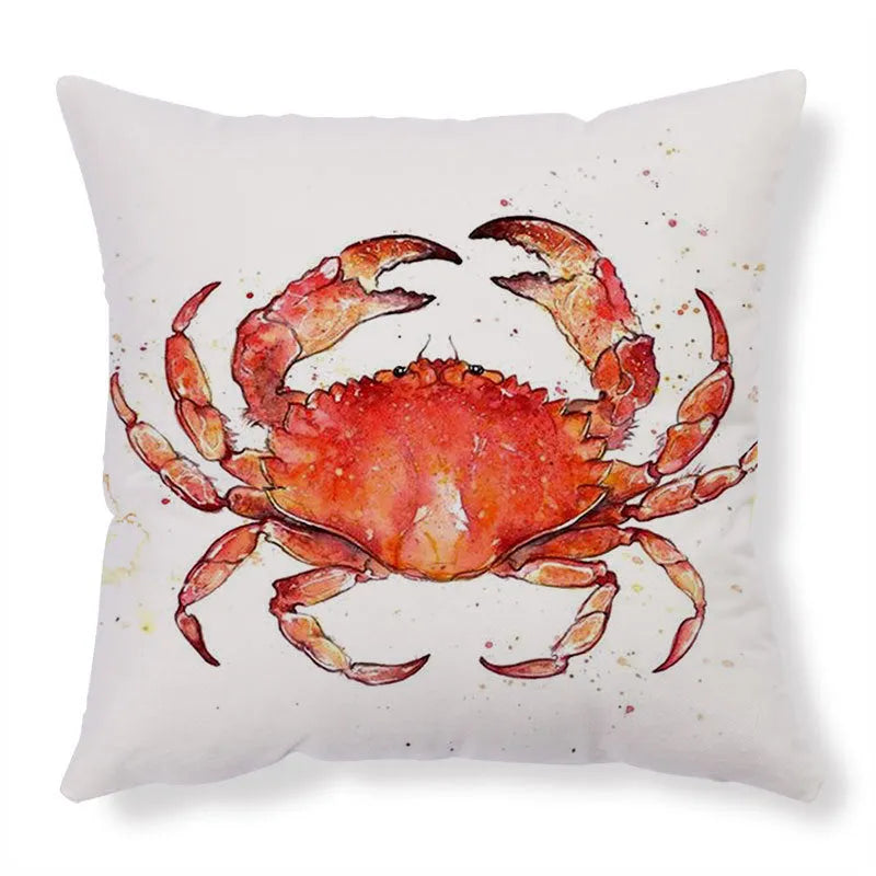 Square linen cushion cover with a detailed blue sea turtle print, showing a hidden zipper along one edge.