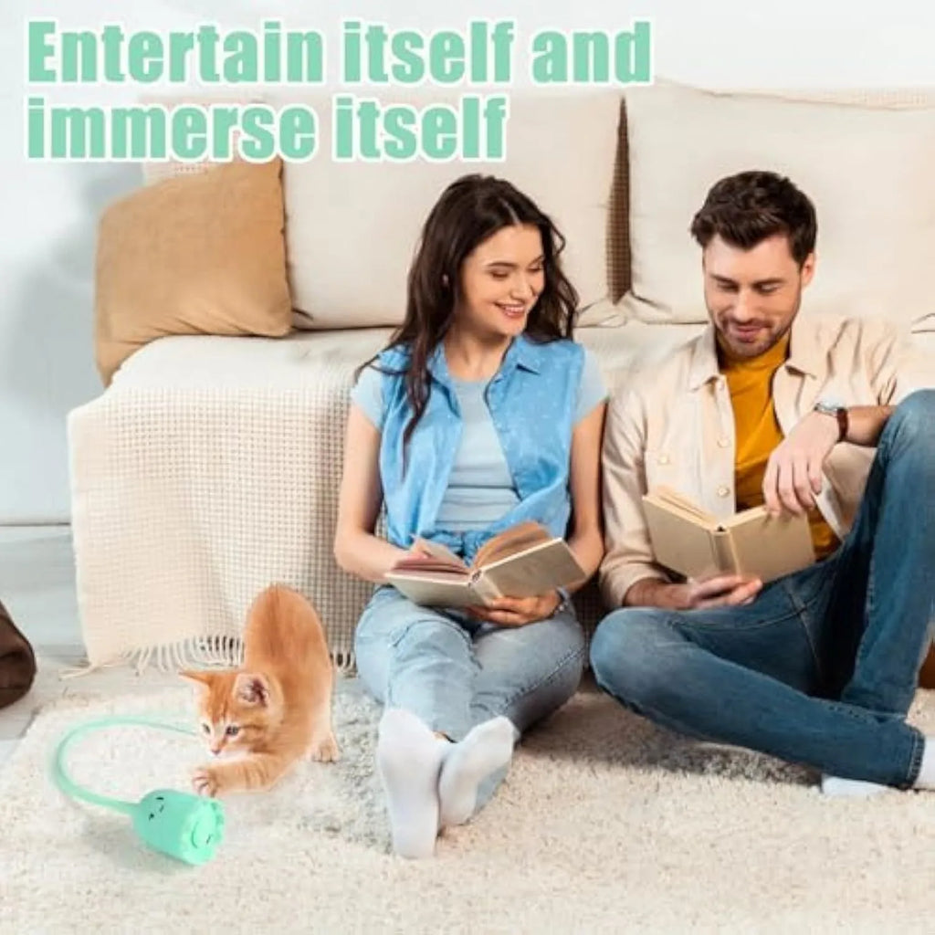Green automatic cat wand toy with swinging silicone tails on white background