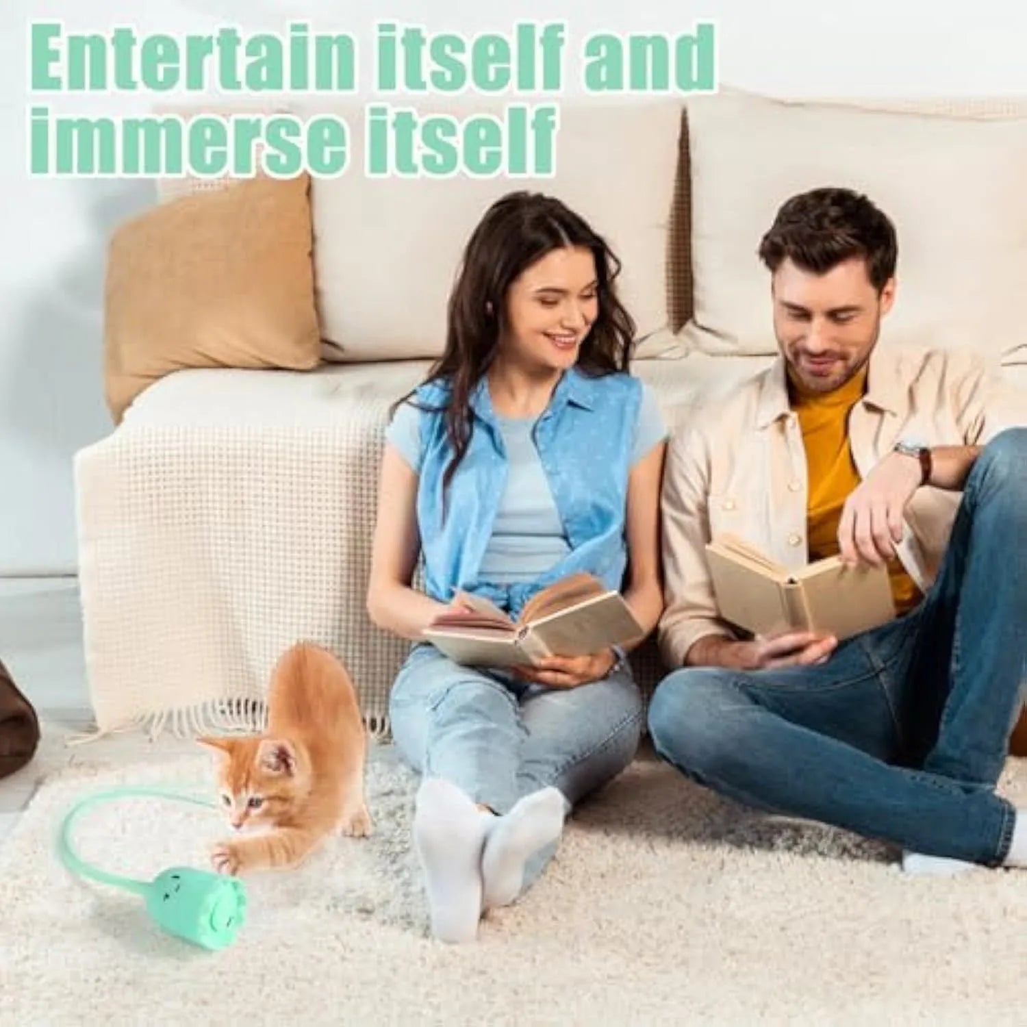 Green automatic cat wand toy with swinging silicone tails on white background