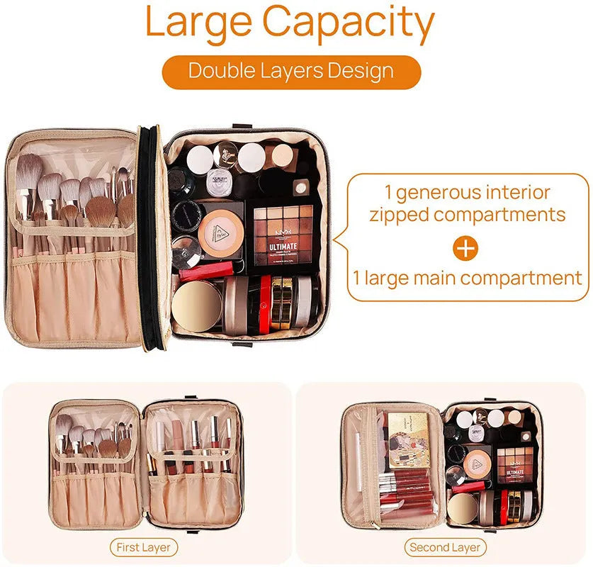 Black double-layer waterproof polyester cosmetic storage bag with carry handle, 27x20x21cm, open to show separated compartments