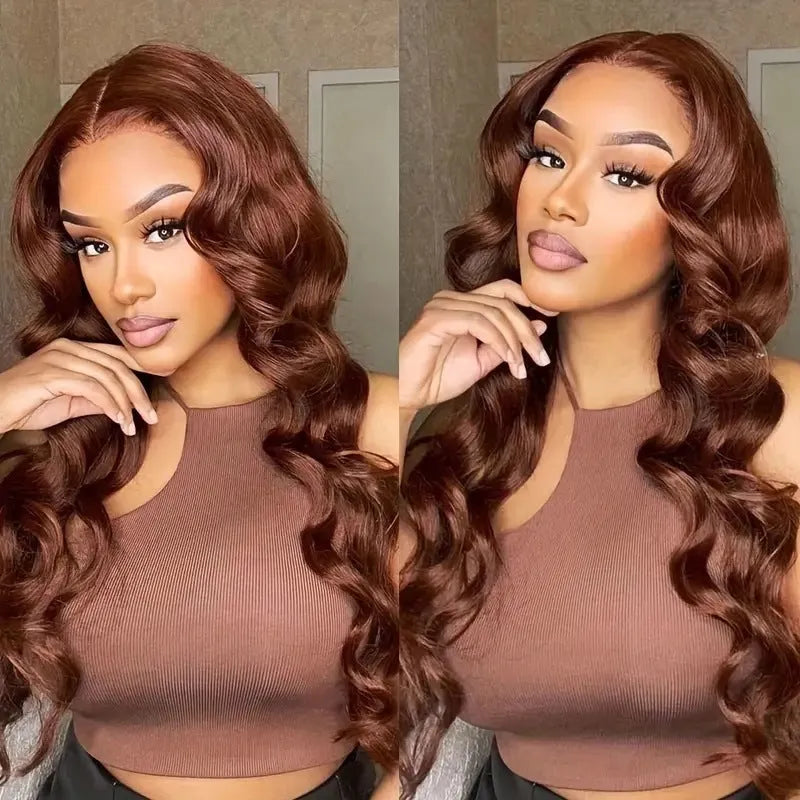 Women's front lace wig with long curly hair and side bangs in dark brown colour