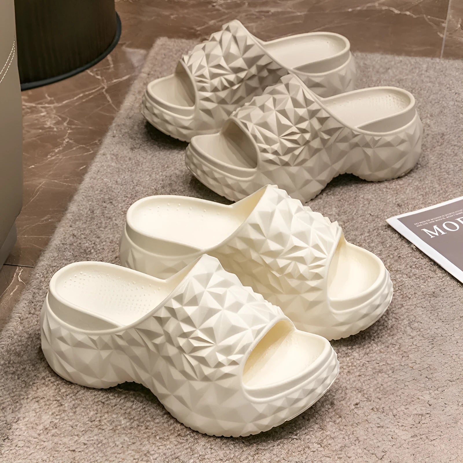 Women's khaki high heel flip flop slippers with a thick moulded EVA sole.