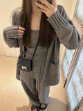 Women's knit cardigan suspender trousers three-piece set in wool blend fabric