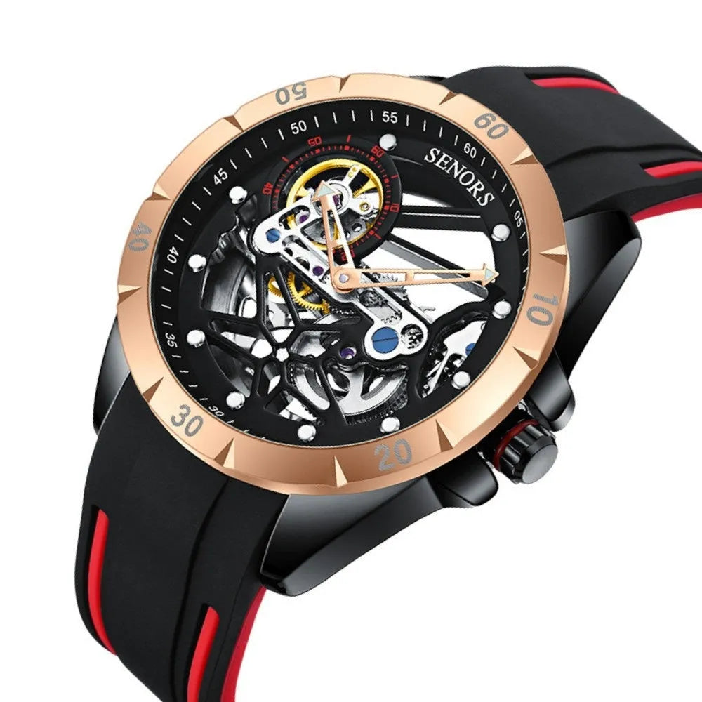 Men's automatic hollow watch with business styling in rose golden blue colour