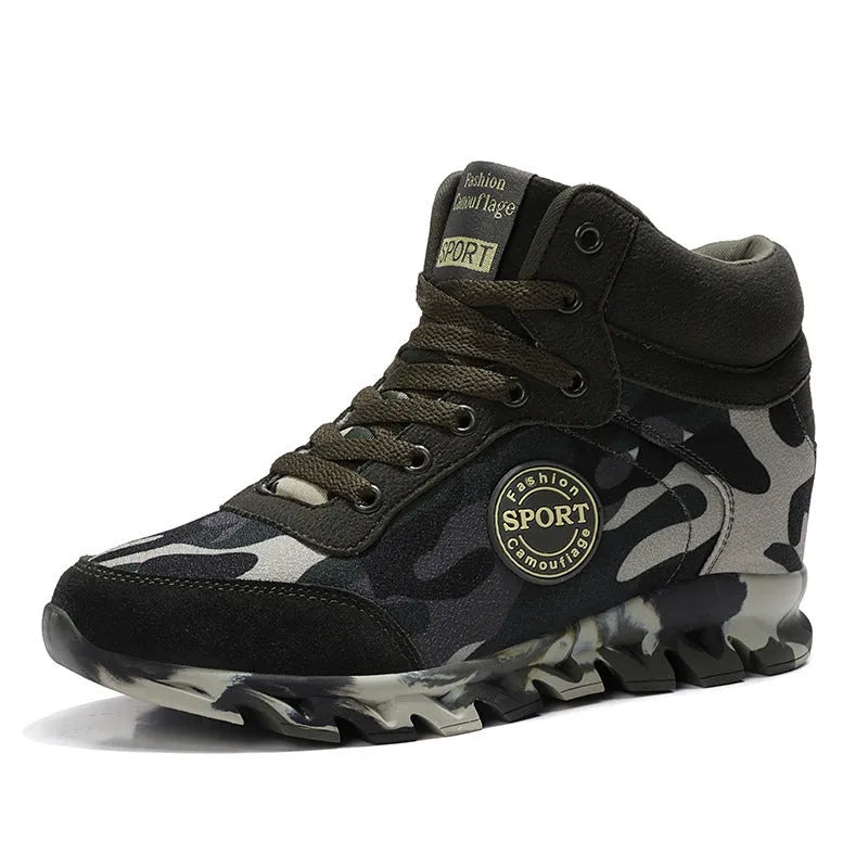 Women's green camouflage print canvas sneakers with rubber sole and lace-up closure.