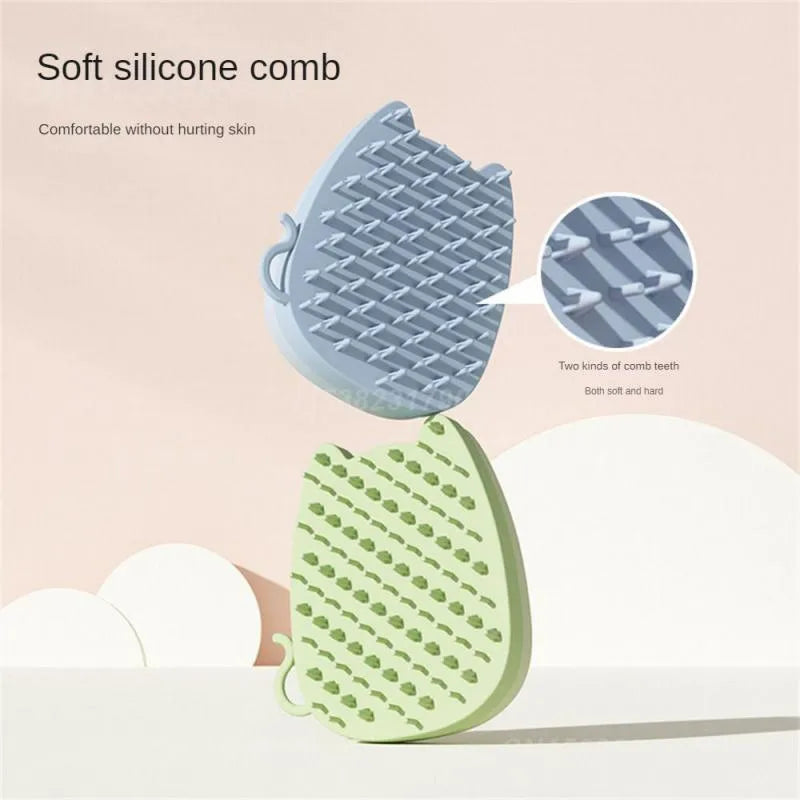 Blue silicone pet grooming brush with dual comb teeth for cats and dogs