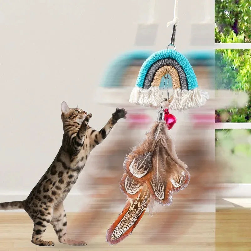 Feather cat rope door hanging toy with elastic swing and sticky buckle clamp in blue, green, or pink colours