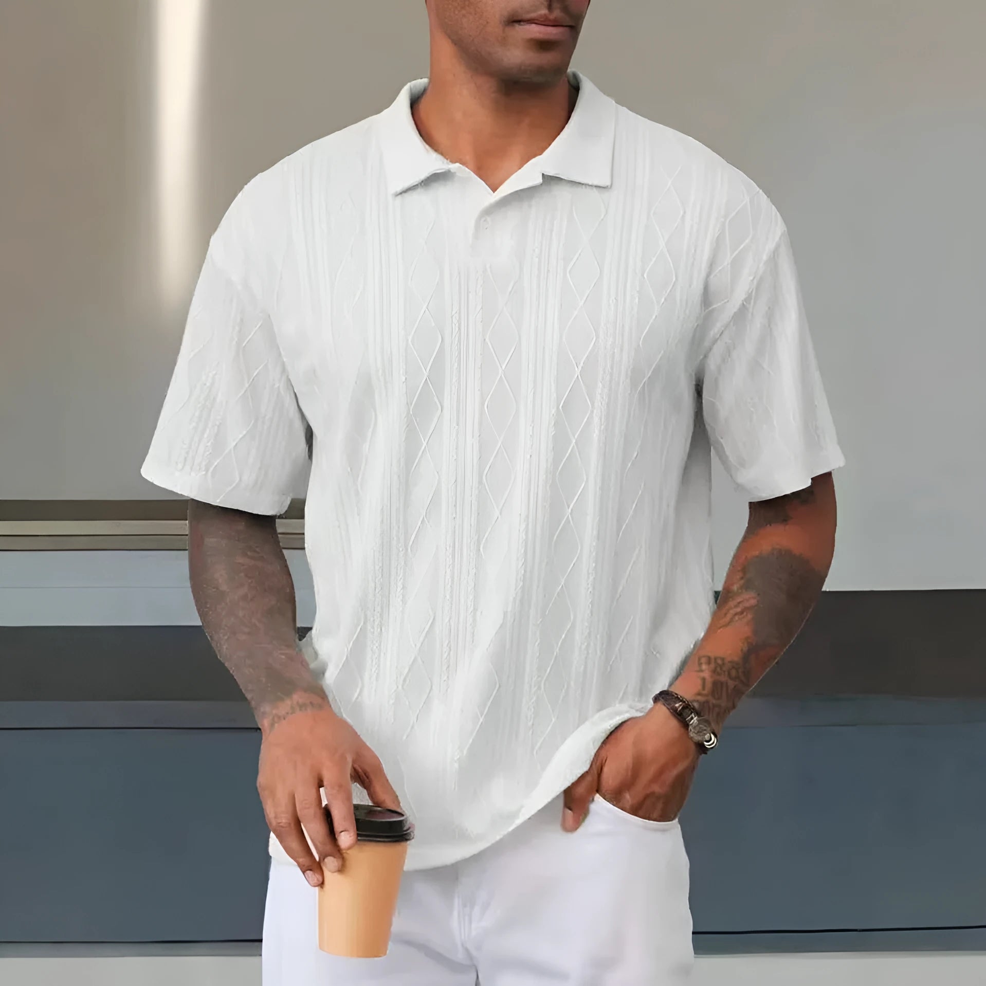 Men's retro button lapel short sleeve cotton blend T-shirt in loose knit, shown in Army Green.
