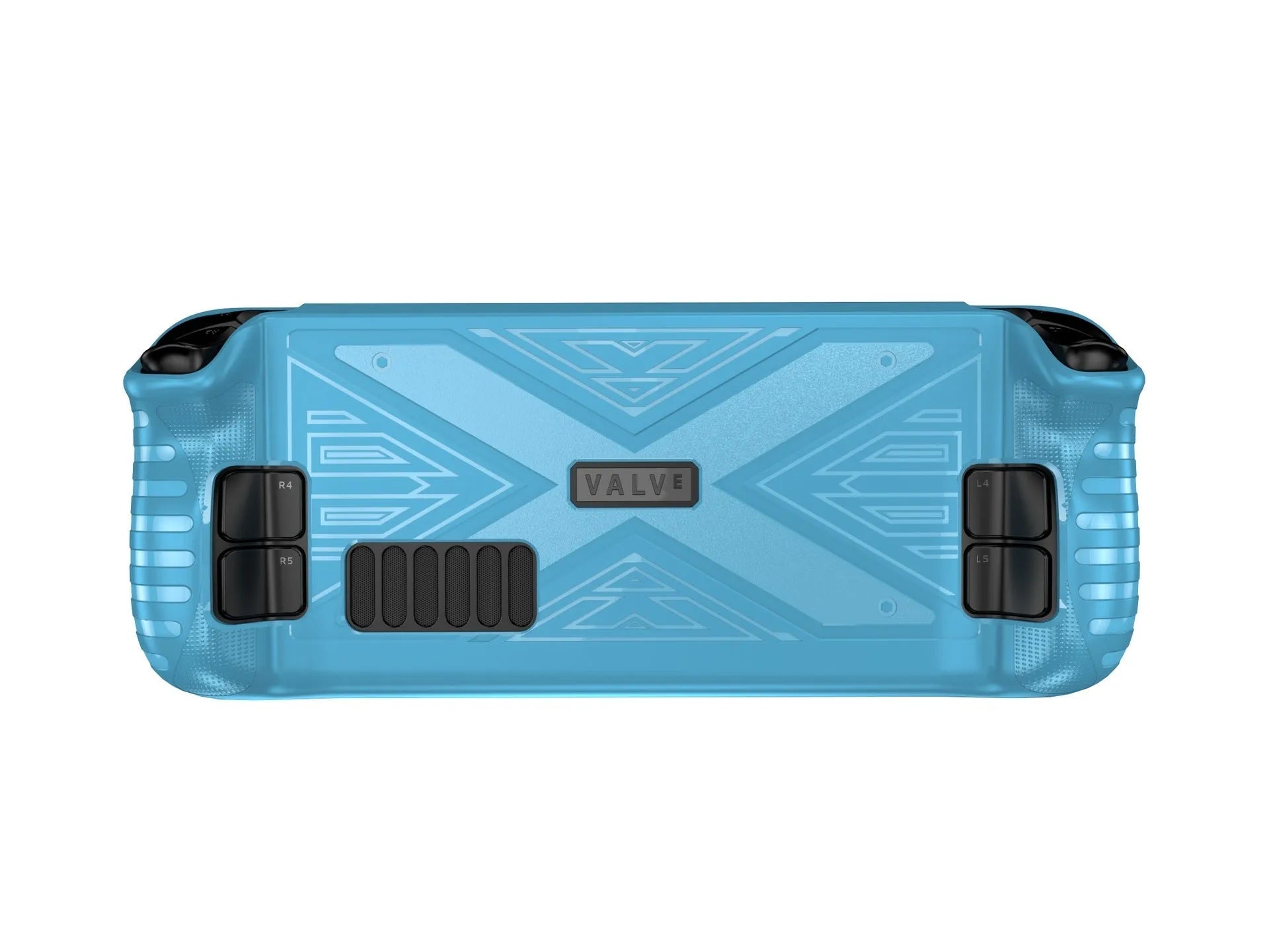 Red silicone protective case for a Steam Deck handheld game console.