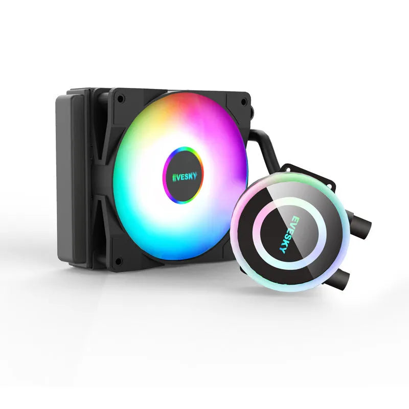 CPU radiator cooling fan with RGB lighting in 120mm, 240mm, and 360mm sizes