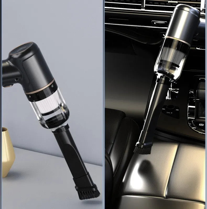 Black wireless car vacuum cleaner with accessories including nozzles and brush heads