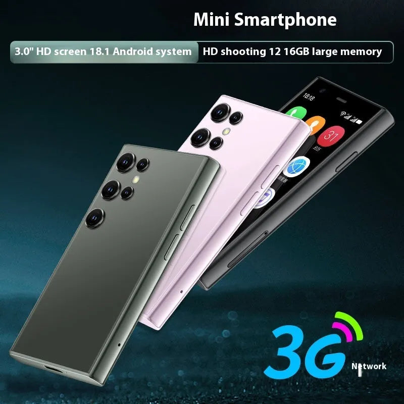 Black, green, and pink purple coloured mini Android smartphone with straight plate design on a white background.