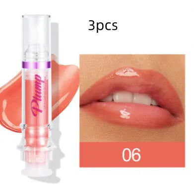 Lip gloss tube with mirror finish showing shiny application on lips