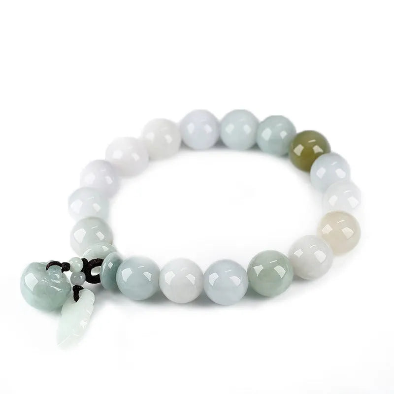 Emerald green jade hanging bracelet with Maitreya Buddha charm and geometric shapes